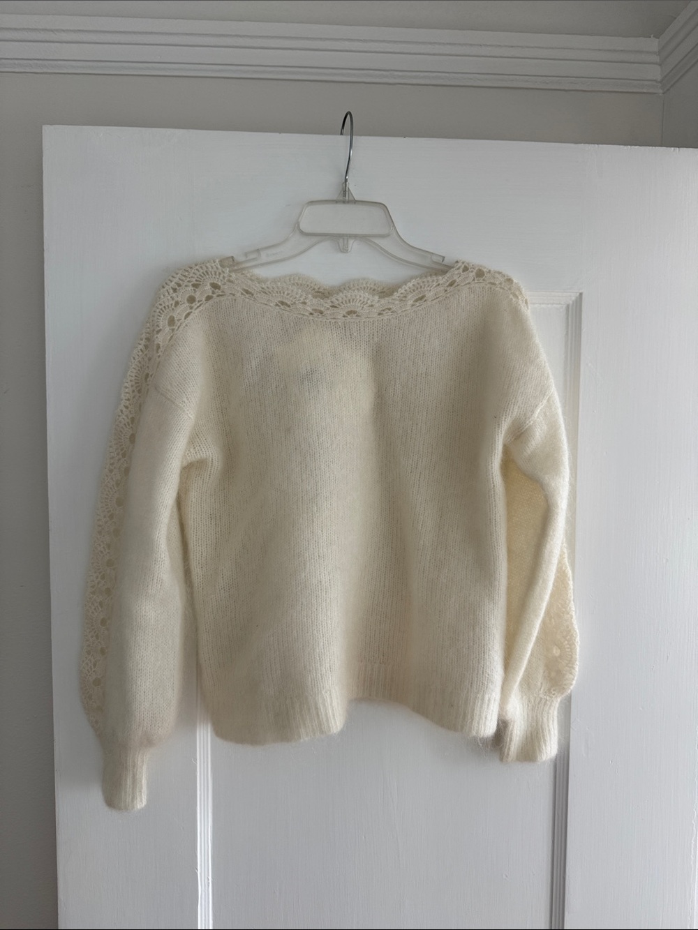Sezane Cream Crochet-Trim Crewneck Sweater